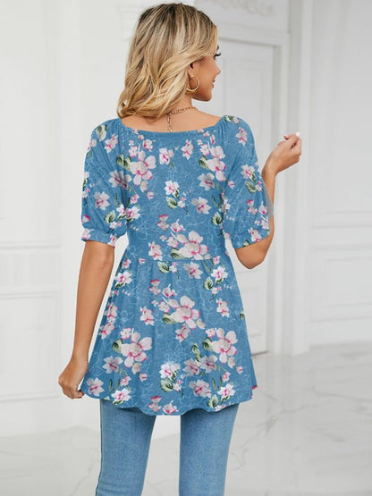 Spring and summer new v-neck printed t-shirt bubble short-sleeved tunic top