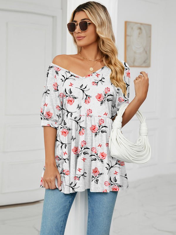 Spring and summer new v-neck printed t-shirt bubble short-sleeved tunic top