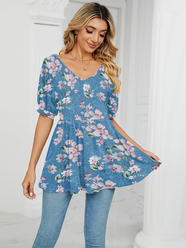 Spring and summer new v-neck printed t-shirt bubble short-sleeved tunic top