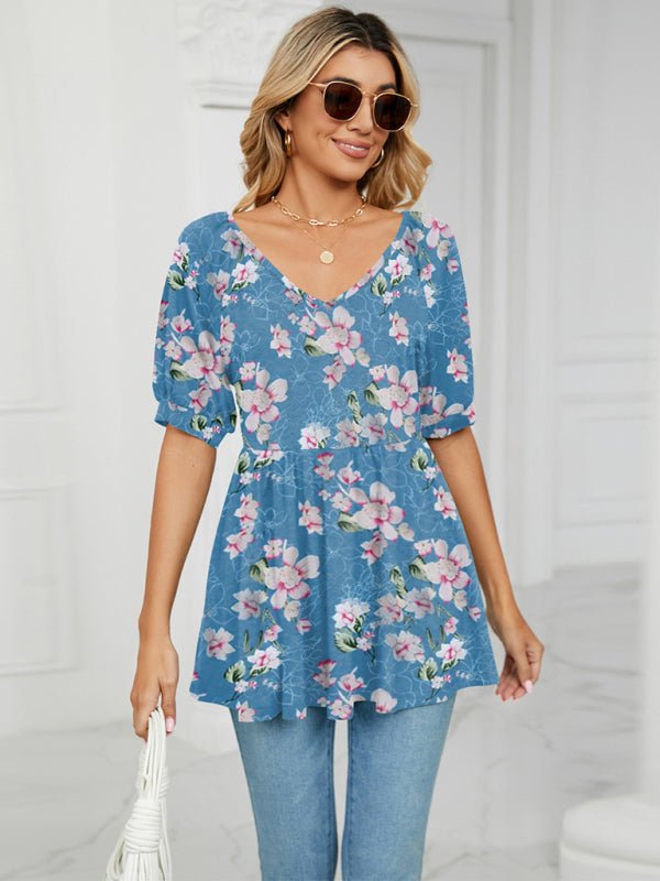 Spring and summer new v-neck printed t-shirt bubble short-sleeved tunic top