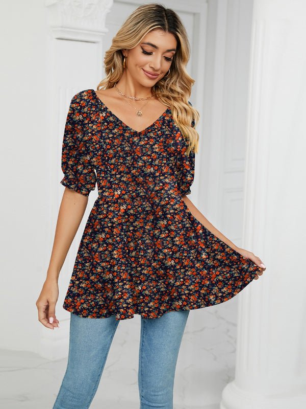 Spring and summer new v-neck printed t-shirt bubble short-sleeved tunic top