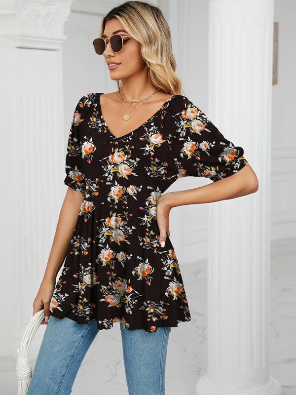 Spring and summer new v-neck printed t-shirt bubble short-sleeved tunic top