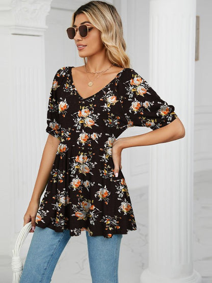 Spring and summer new v-neck printed t-shirt bubble short-sleeved tunic top