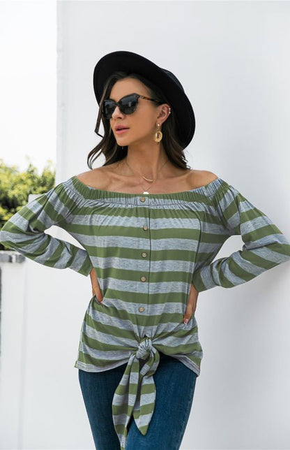 Striped Blouse With One-Shoulder Button Decoration And Tie Knot