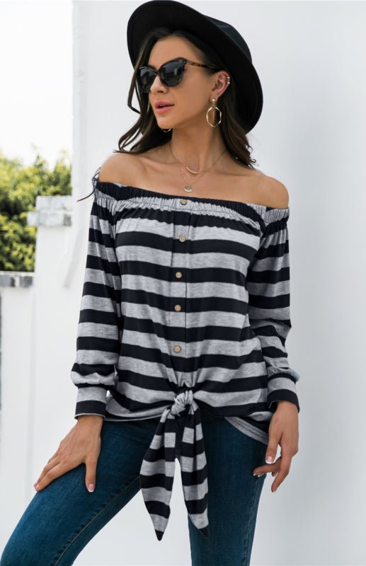 Striped Blouse With One-Shoulder Button Decoration And Tie Knot