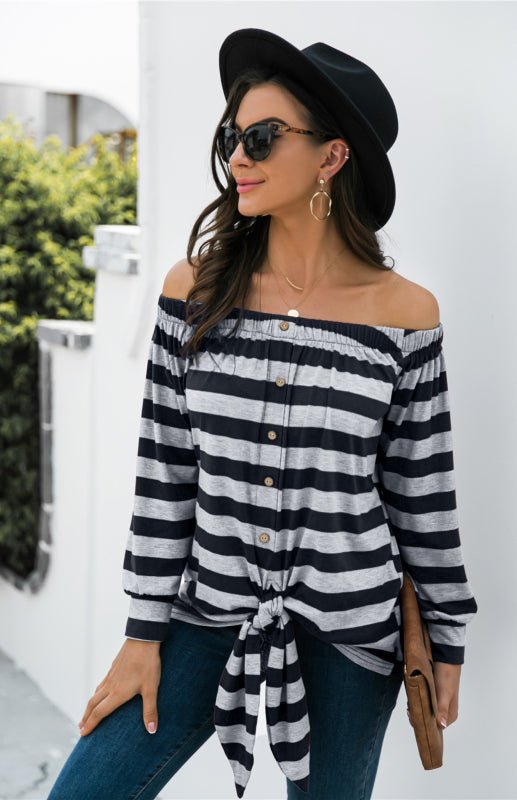 Gestreifte Bluse mit One-Shoulder-Knopfverzierung und Krawattenknoten 