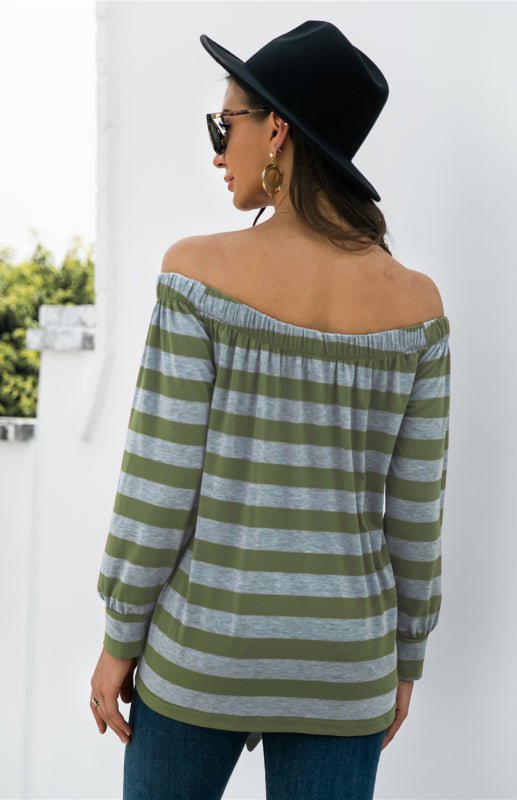 Striped Blouse With One-Shoulder Button Decoration And Tie Knot