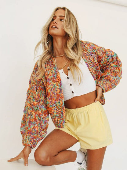 Stylish Casual Rainbow Knit Lantern Sleeve Knit Cardigan