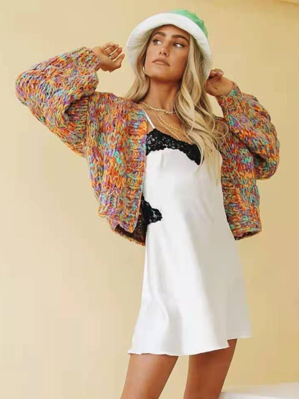 Stylish Casual Rainbow Knit Lantern Sleeve Knit Cardigan