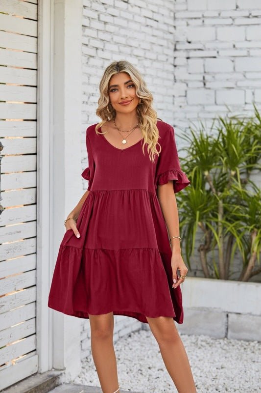 Summer Casual V-Neck Babydoll Three Layer Pleated Dress