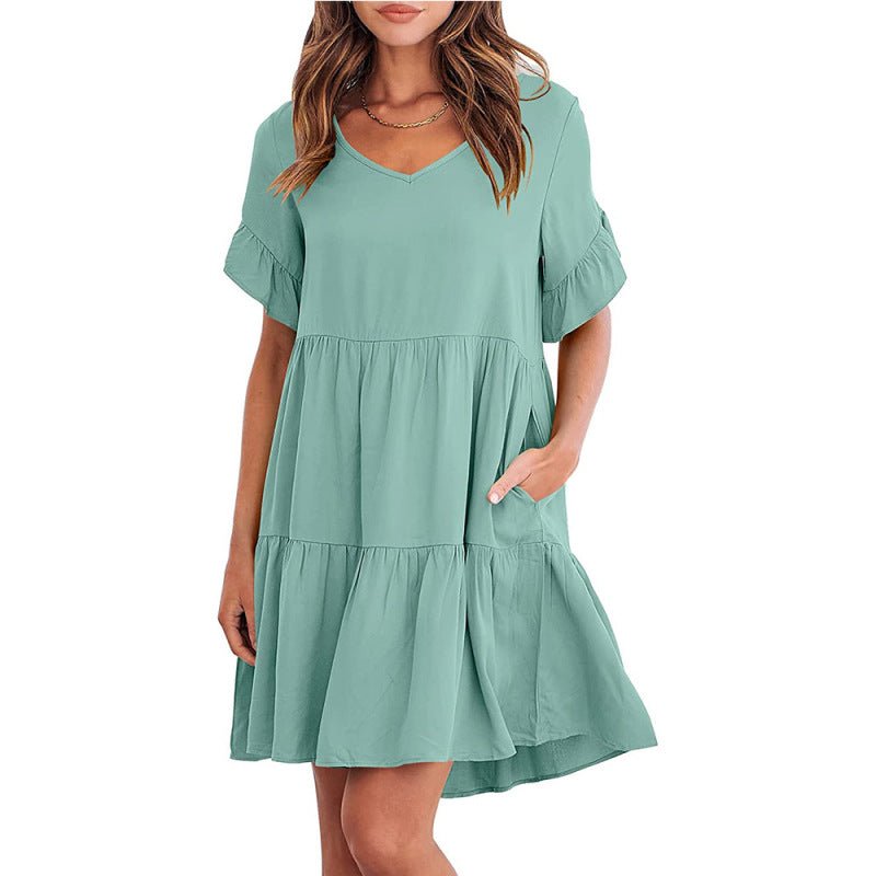 Summer Casual V-Neck Babydoll Three Layer Pleated Dress