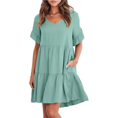 Summer Casual V-Neck Babydoll Three Layer Pleated Dress