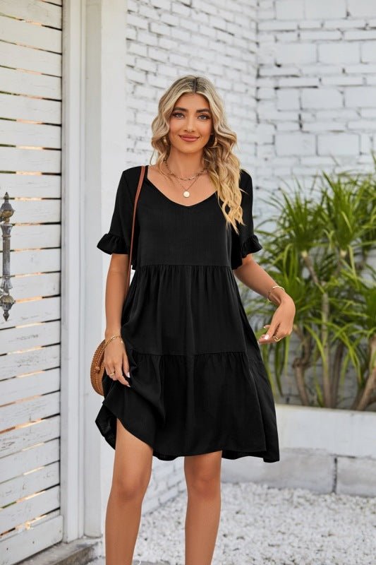 Summer Casual V-Neck Babydoll Three Layer Pleated Dress