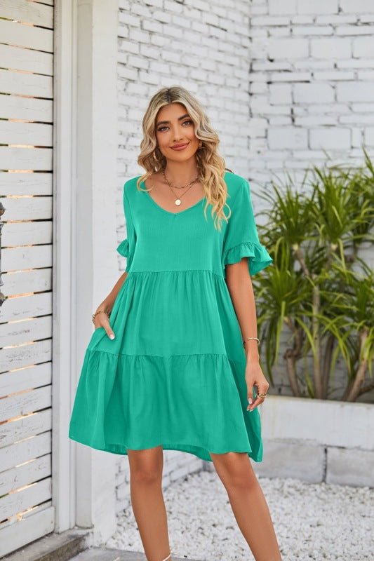 Summer Casual V-Neck Babydoll Three Layer Pleated Dress