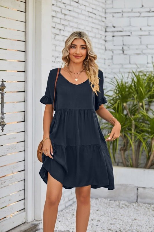 Summer Casual V-Neck Babydoll Three Layer Pleated Dress