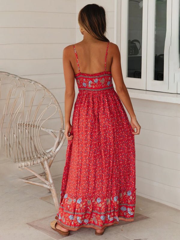 Summer new big swing skirt Bohemian V-neck suspender floral dress