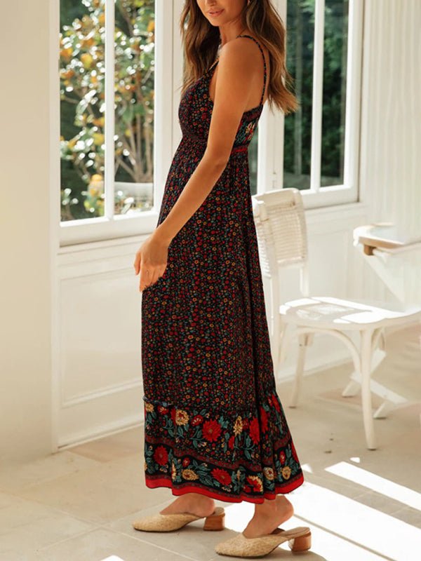 Summer new big swing skirt Bohemian V-neck suspender floral dress