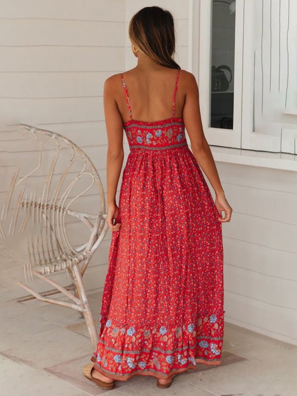 Summer new big swing skirt Bohemian V-neck suspender floral dress