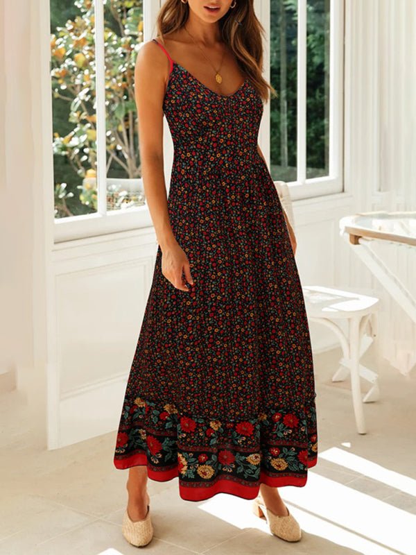 Summer new big swing skirt Bohemian V-neck suspender floral dress