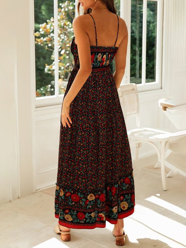 Summer new big swing skirt Bohemian V-neck suspender floral dress