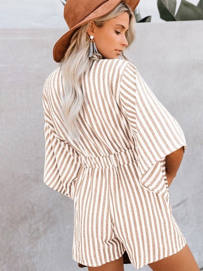 Summer slim waist striped jumpsuit deep V trumpet sleeve three-pointer