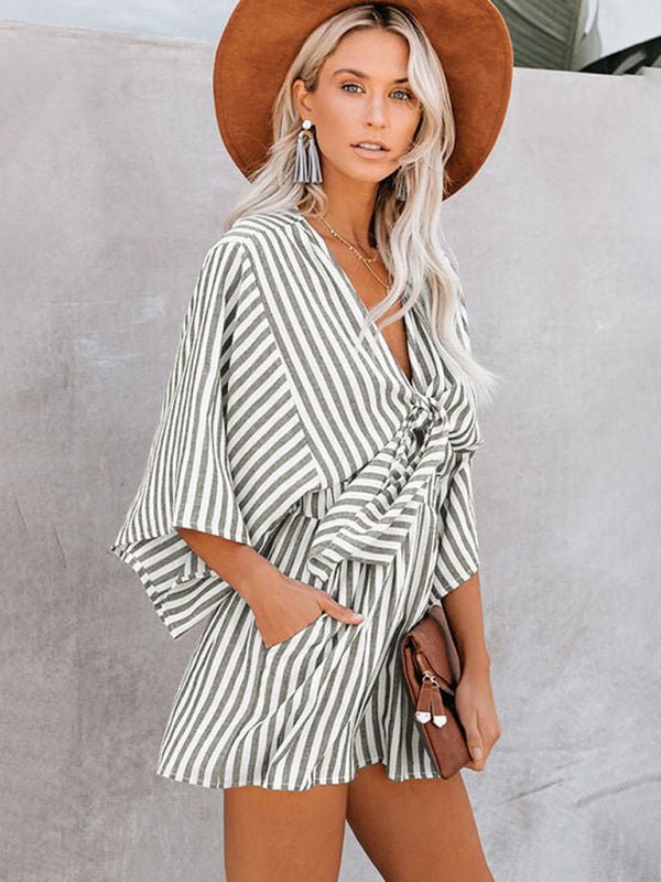 Summer slim waist striped jumpsuit deep V trumpet sleeve three-pointer