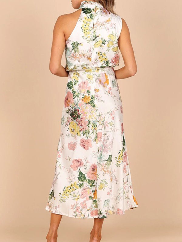 Temperament Ladies Sleeveless Halter Neck Printed Satin Dress