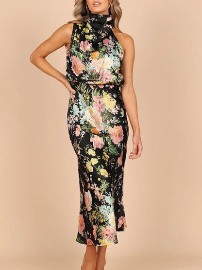 Temperament Ladies Sleeveless Halter Neck Printed Satin Dress