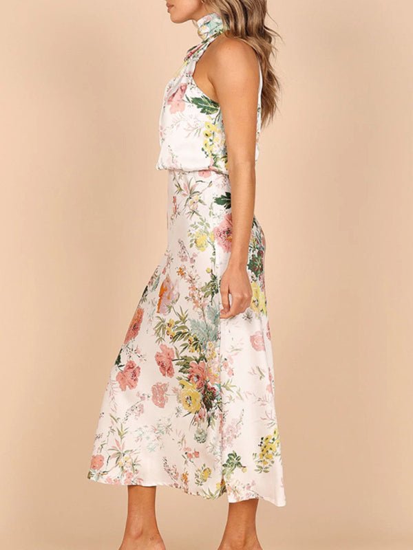 Temperament Ladies Sleeveless Halter Neck Printed Satin Dress