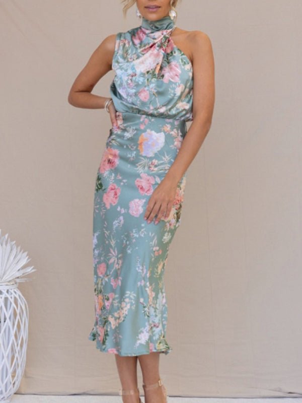 Temperament Ladies Sleeveless Halter Neck Printed Satin Dress