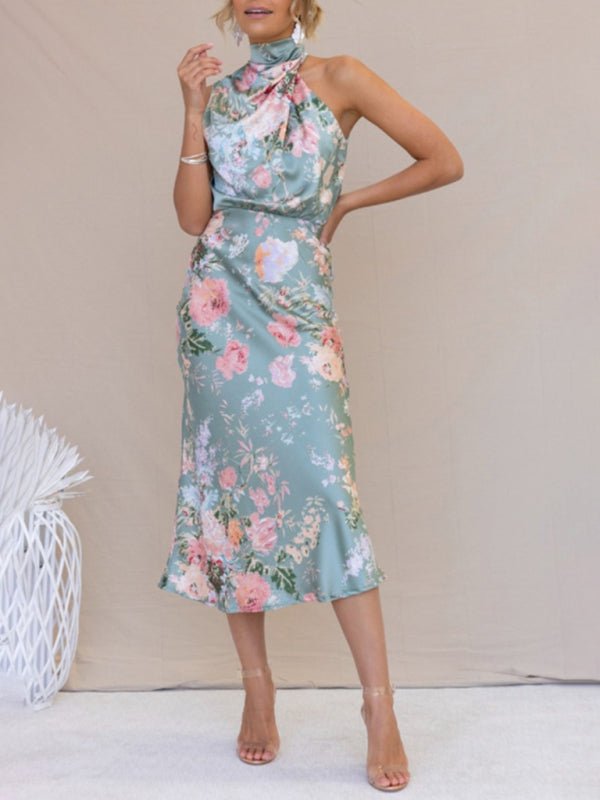 Temperament Ladies Sleeveless Halter Neck Printed Satin Dress