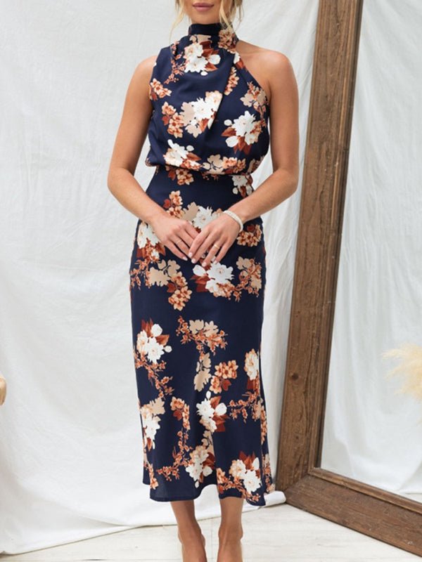 Temperament Ladies Sleeveless Halter Neck Printed Satin Dress