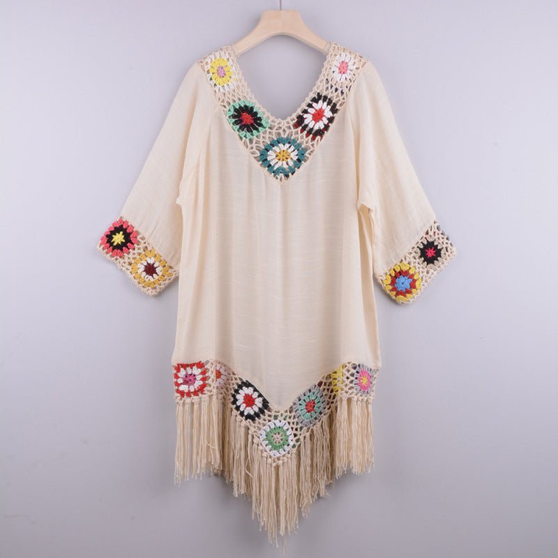 Three-quarter sleeve chain link flower splicing irregular tassel anti-sun blouse ethnic style dress