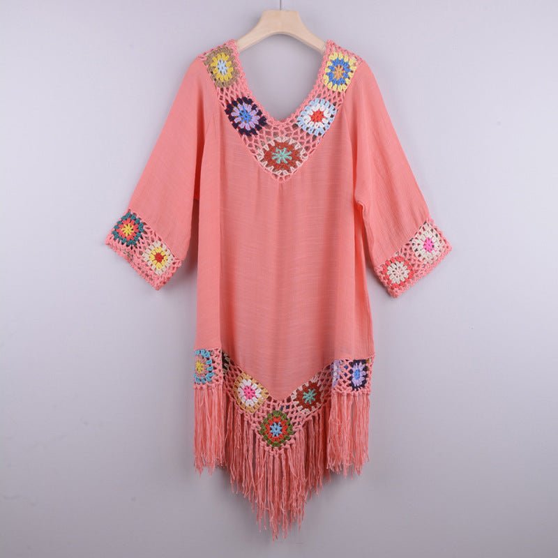 Three-quarter sleeve chain link flower splicing irregular tassel anti-sun blouse ethnic style dress