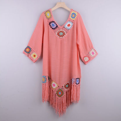 Three-quarter sleeve chain link flower splicing irregular tassel anti-sun blouse ethnic style dress