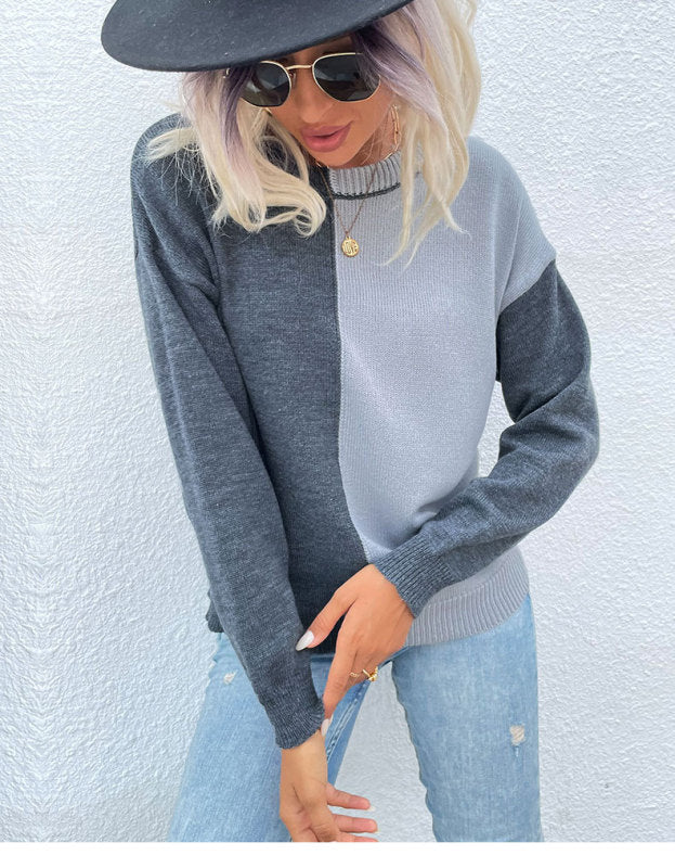 Round neck contrasting sweater with loose pullover knit