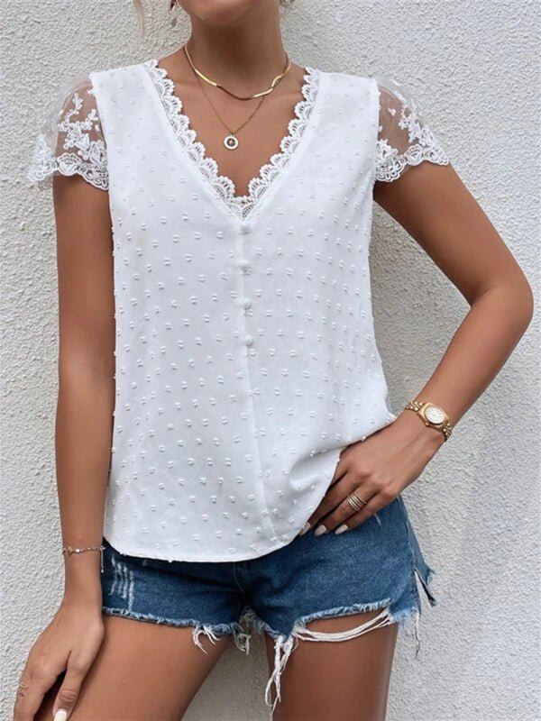 V-Neck Shirt Collar Sleeve Panel Lace Trim Shirt