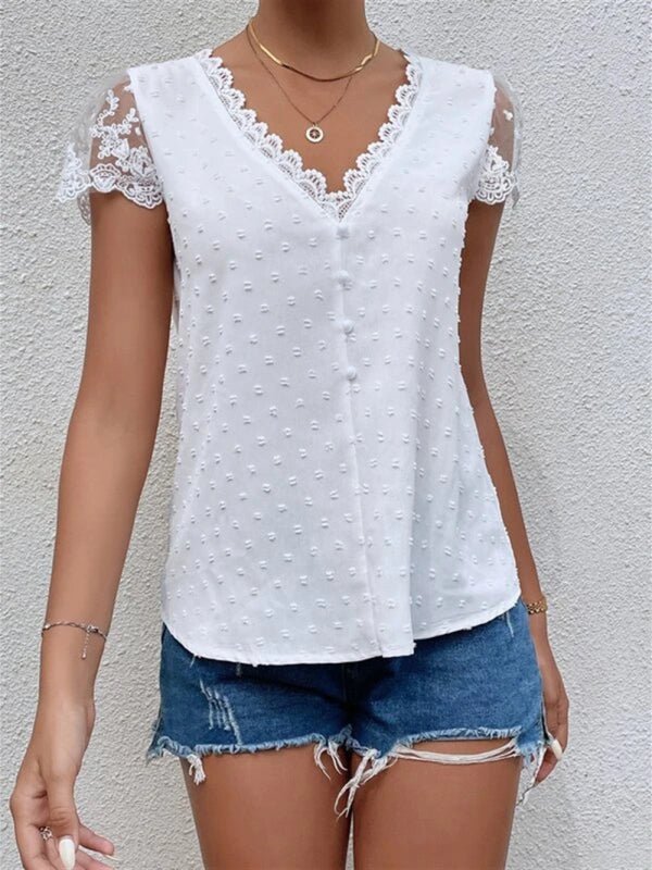 V-Neck Shirt Collar Sleeve Panel Lace Trim Shirt