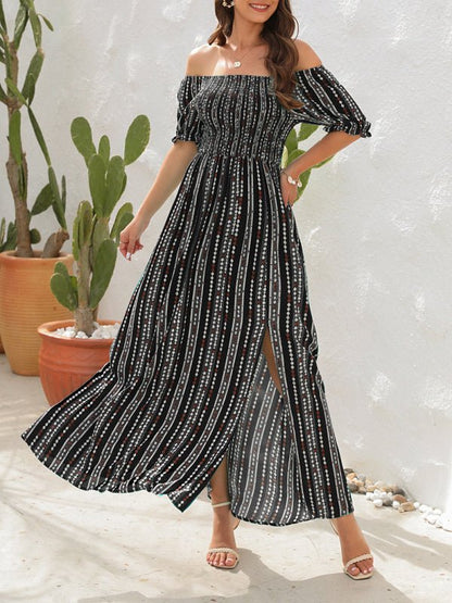 Vertical Stripe Printed Slit Dress One Shoulder Holiday Dress