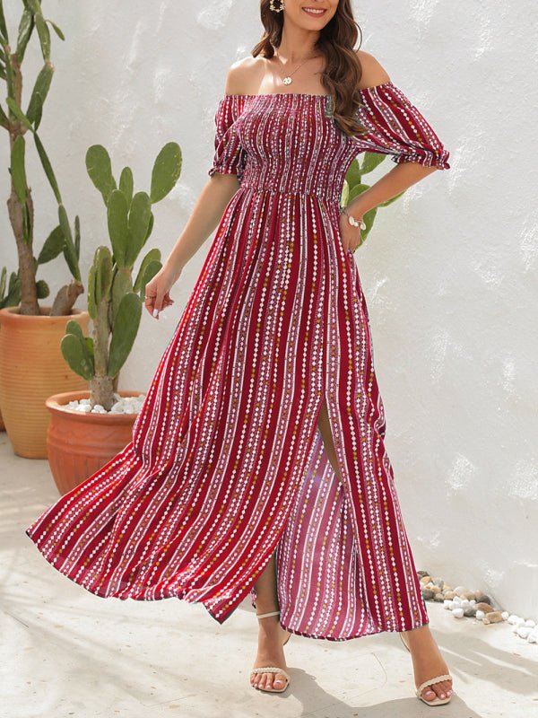 Vertical Stripe Printed Slit Dress One Shoulder Holiday Dress