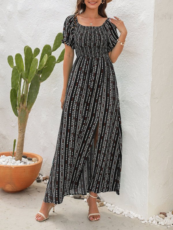 Vertical Stripe Printed Slit Dress One Shoulder Holiday Dress