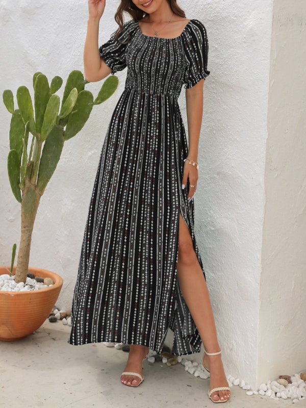 Vertical Stripe Printed Slit Dress One Shoulder Holiday Dress