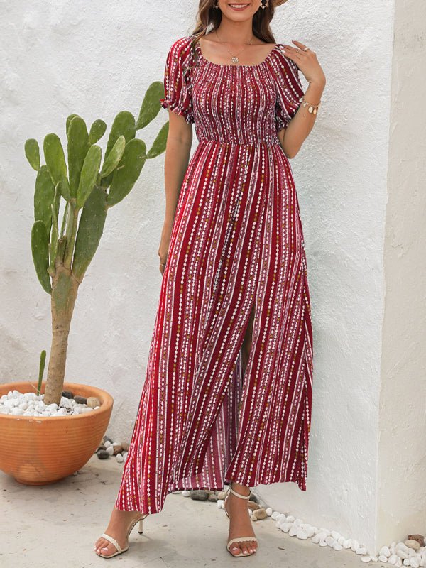 Vertical Stripe Printed Slit Dress One Shoulder Holiday Dress