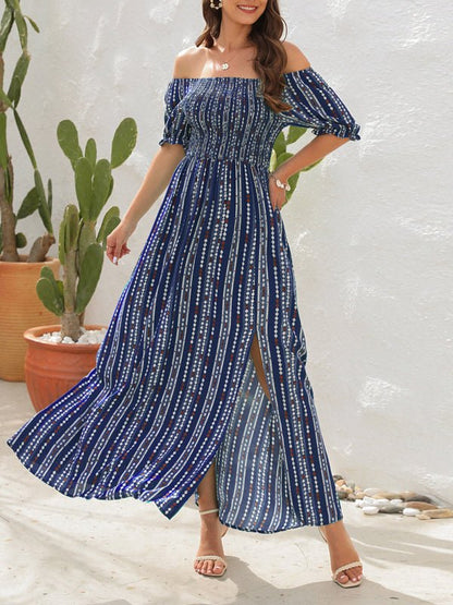 Vertical Stripe Printed Slit Dress One Shoulder Holiday Dress