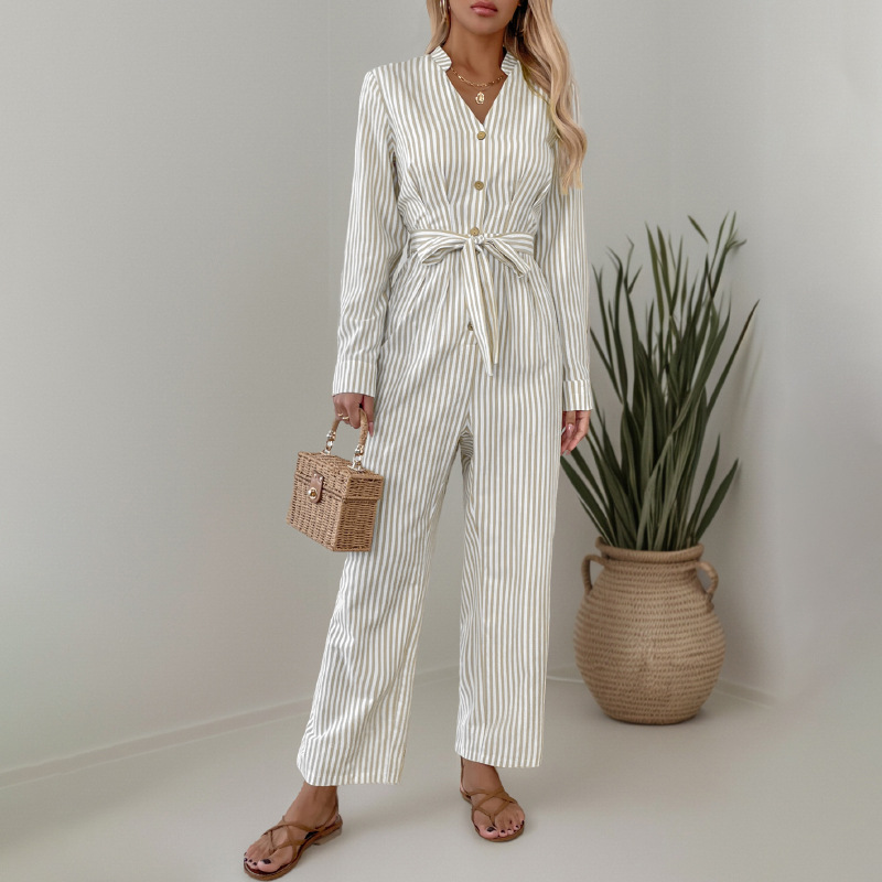 Neuer gestreifter Jumpsuit mit V-Ausschnitt und Schnürung für Damen