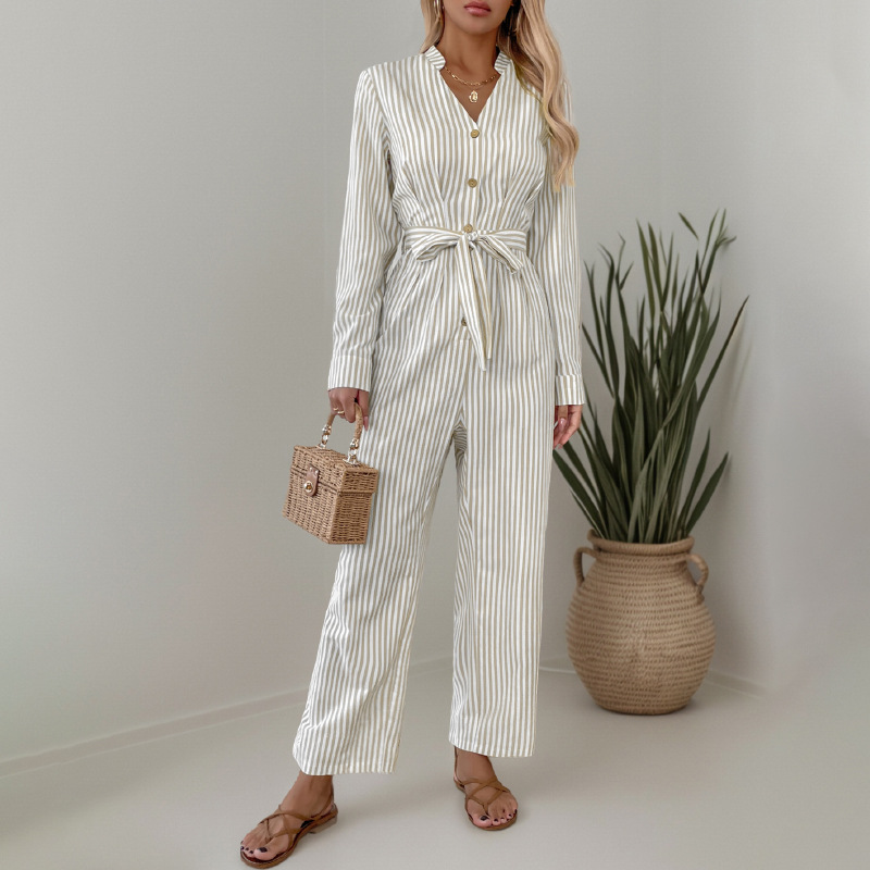 Ladies new v-neck striped lace-up jumpsuit