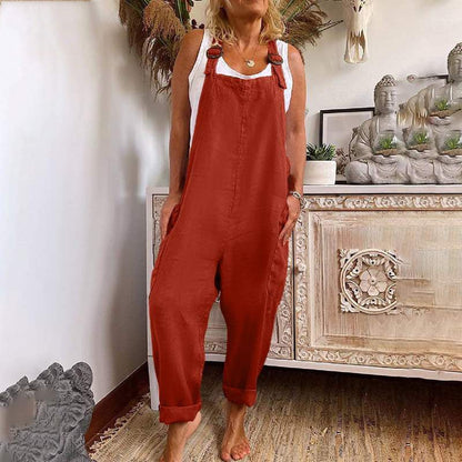 Jumpsuit mit weitem Bein und verstellbarer Schnalle für Damen aus Baumwolle und Leinen mit Tasche 