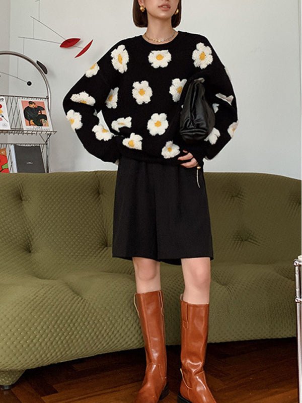 Women’s 3D Soft Knit Flower Print With Long Sleeves Sweater