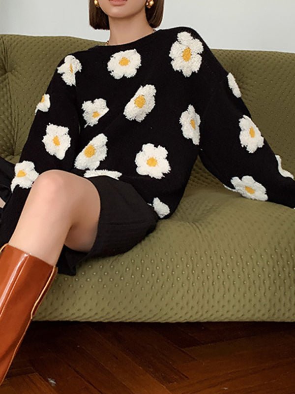 Women’s 3D Soft Knit Flower Print With Long Sleeves Sweater