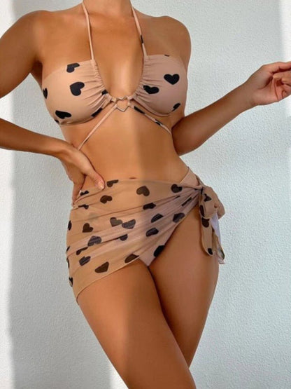 Lot de 3 maillots de bain bikini dos nu et jupe de plage à imprimé cœur pour femmes 